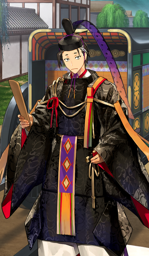 1boy architecture arm_at_side black_hair black_hat black_robe building carriage chin_strap closed_mouth commentary east_asian_architecture fate/grand_order fate_(series) feet_out_of_frame frown ginka_sima grey_eyes hakama hakama_pants hand_up hat heian-kyou_(fate/grand_order) holding japanese_clothes kimono long_sleeves looking_at_viewer male_focus mandricardo_(dream_portrait)_(fate) mandricardo_(fate) multicolored_hair official_art outdoors pants ritual_baton robe short_eyebrows short_hair sokutai solo standing tate_eboshi third-party_source tree two-tone_hair white_hair white_hakama white_kimono wide_sleeves