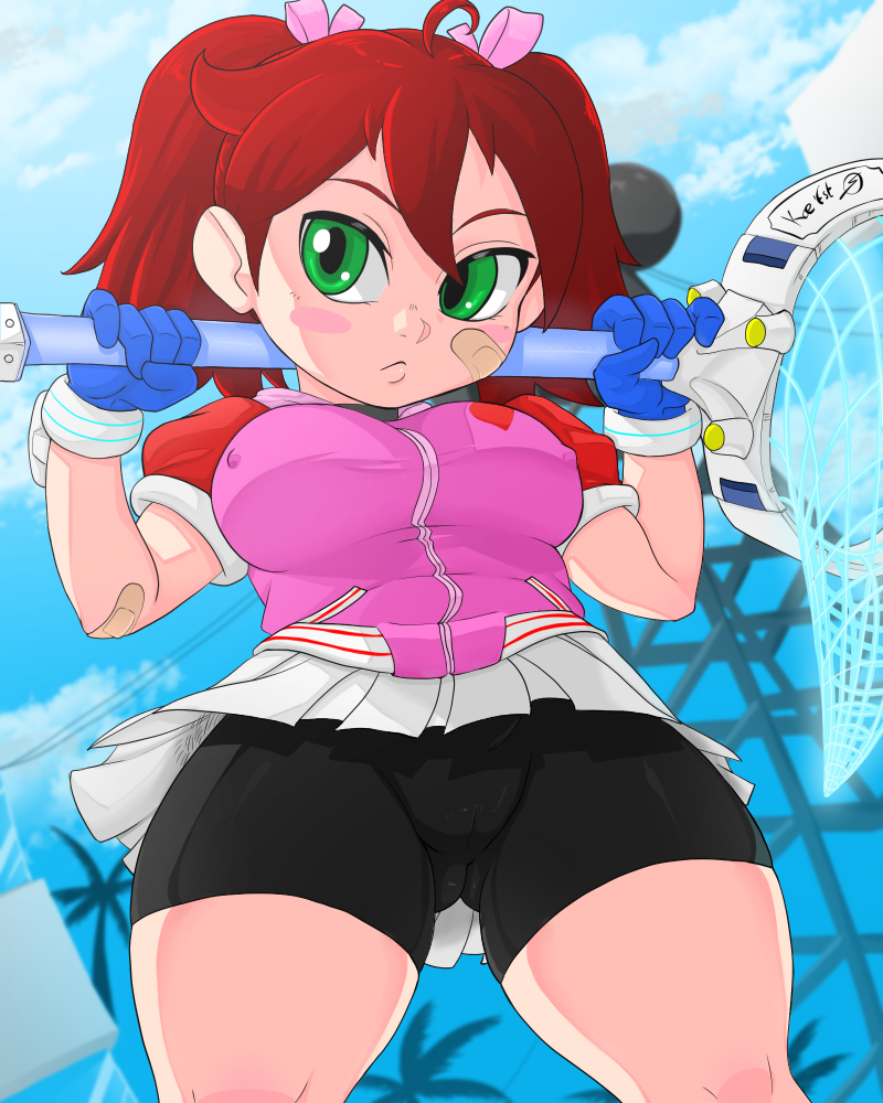 1girl alternate_breast_size arms_up bandaid bike_shorts bike_shorts_under_skirt breasts brown_hair cameltoe covered_erect_nipples female_focus from_below gloves green_eyes hand_on_own_hip jacket large_breasts looking_at_viewer net red_hair saru_getchu sayaka_(saru_getchu) shoes short_twintails shorts shorts_under_skirt skirt solo thick_thighs thighs twintails