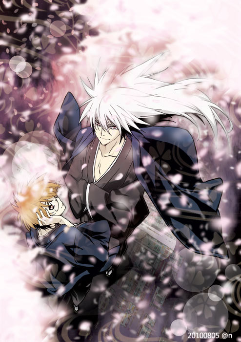 2boys bad_id bad_pixiv_id black_hair brown_eyes brown_hair glasses japanese_clothes kimono long_hair male_focus multicolored_hair multiple_boys nagaremono nura_rikuo nurarihyon_no_mago red_eyes white_hair