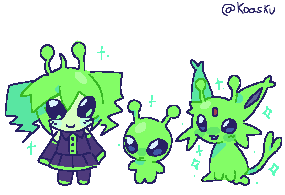 1girl alien alternate_color alternate_hair_length alternate_hairstyle antennae black_dress blush closed_mouth commentary detached_sleeves dress drill_hair english_commentary espeon full_body gen_2_pokemon green_hair kasane_teto kasane_teto_(utau) koasku long_sleeves nintendo pokemon pokemon_(creature) shiny_pokemon simple_background smile solo twin_drills utau white_background