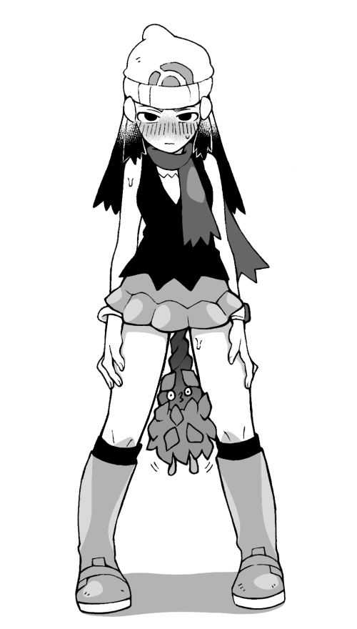 1girl bare_shoulders beanie between_legs blush boots bracelet breasts burmy burmy_(plant) closed_mouth dawn_(pokemon) female_focus full_body gen_4_pokemon greyscale hair_ornament hairclip half-closed_eyes hat jewelry knee_boots kneehighs legs_apart long_hair looking_at_viewer minashirazu miniskirt monochrome nintendo nose_blush poke_ball_symbol poke_ball_theme pokemon pokemon_(creature) pokemon_dppt scarf sexually_suggestive shirt simple_background skirt sleeveless sleeveless_shirt small_breasts socks solo_focus standing sweat watch white_background wristwatch
