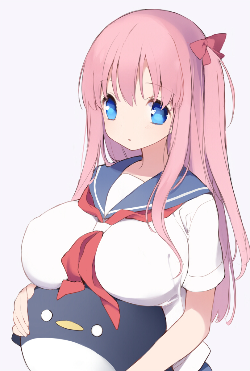 alternate_hairstyle blue_eyes blush bow breasts etopen haramura_nodoka highres itsumi_(itumiyuo) large_breasts long_hair neckerchief pink_hair red_bow saki_(manga) school_uniform serafuku shirt short_sleeves simple_background solo stuffed_animal stuffed_penguin stuffed_toy white_background white_shirt