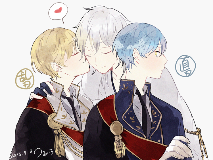 10s 3boys blonde_hair blue_hair gloves ichigo_hitofuri kiss kissing_cheek male_focus monoyoshi_sadamune multiple_boys necktie short_hair touken_ranbu tsurumaru_kuninaga white_hair yaoi