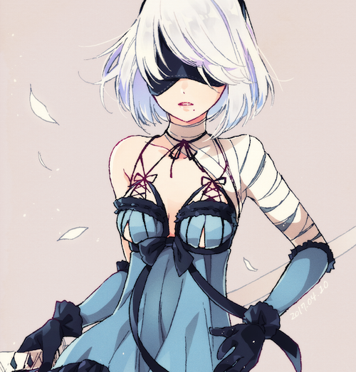 2b_(nier:automata) bandaged_arm bandages blindfold blue_dress breasts cosplay covered_eyes dress facing_viewer gloves holding holding_sword holding_weapon kaine_(nier) kaine_(nier)_(cosplay) malt_40 mole mole_under_mouth nier nier:automata nier_(series) parted_lips short_hair small_breasts sword upper_body weapon white_hair
