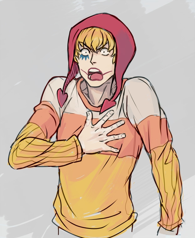 1boy blonde_hair commentary_request detached_hood donquixote_rocinante facial_mark hand_on_own_chest lipstick makeup male_focus one_piece red_hood red_lips russian_commentary shirt solo striped_clothes striped_shirt upper_body v-shaped_eyebrows vasiliy-plumber