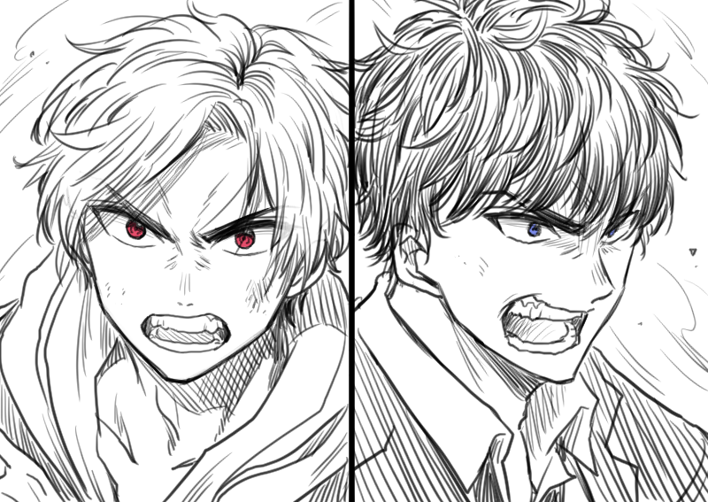 2boys blue_eyes collared_shirt formal_clothes fuwa_isamu hiden_aruto hood hoodie kamen_rider kamen_rider_01_(series) kudou_makoto looking_down looking_up male_focus multiple_boys open_mouth red_eyes shirt sketch split_screen spot_color suit v-shaped_eyebrows
