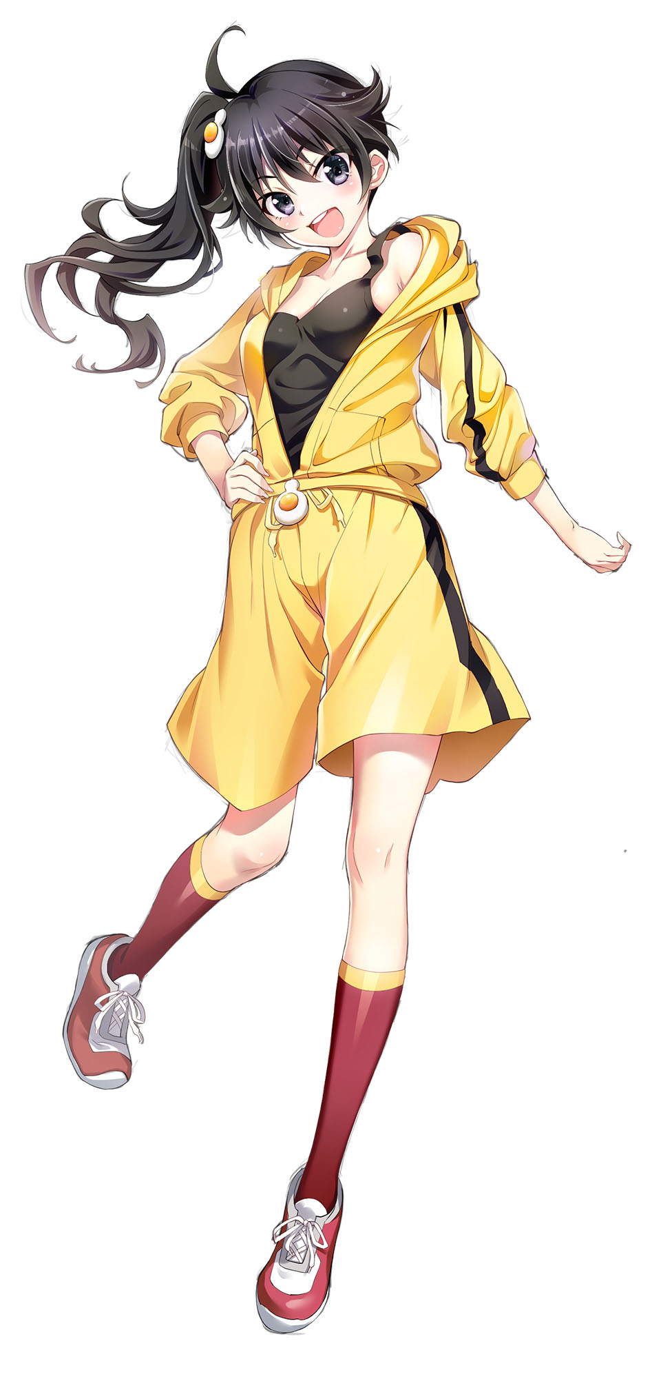 1girl :d araragi_karen bakemonogatari black_hair black_tank_top breasts commentary_request egg_hair_ornament food-themed_hair_ornament full_body grey_eyes hair_between_eyes hair_ornament highres hood hood_down hooded_jacket jacket kneehighs long_hair long_sleeves looking_at_viewer monogatari_(series) off_shoulder open_clothes open_jacket open_mouth puffy_long_sleeves puffy_sleeves red_shoes red_socks shoes shorts side_ponytail simple_background small_breasts smile socks solo standing standing_on_one_leg tank_top teeth track_jacket upper_teeth_only v-shaped_eyebrows white_background yellow_jacket yellow_shorts youta