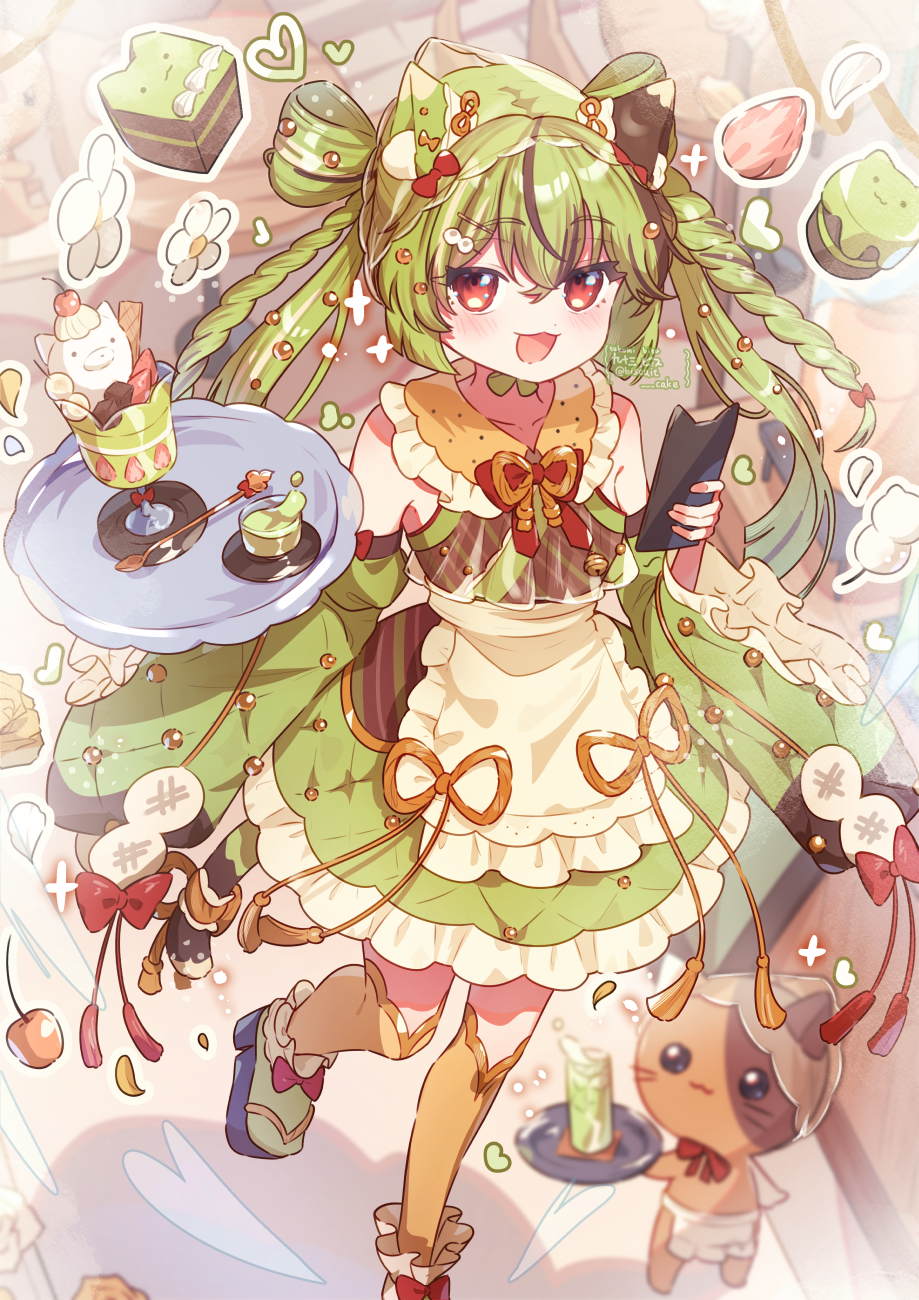 1girl :3 :d animal_ears apron artist_name bare_shoulders black_sandals blush cake cake_slice cat cat_ears collared_dress commentary contrast_collar cup dress drinking_glass flower food frilled_apron frilled_dress frilled_shirt_collar frilled_sleeves frills fruit green_dress green_hair green_socks highres holding holding_phone holding_tray long_hair long_sleeves looking_at_viewer open_mouth orange_thighhighs original parfait phone platform_sandals red_eyes sandals sleeveless sleeveless_dress smile socks socks_over_thighhighs solo spoon standing strawberry symbol-only_commentary thighhighs tray tsukumi_bis twitter_username waist_apron white_apron white_flower wide_sleeves