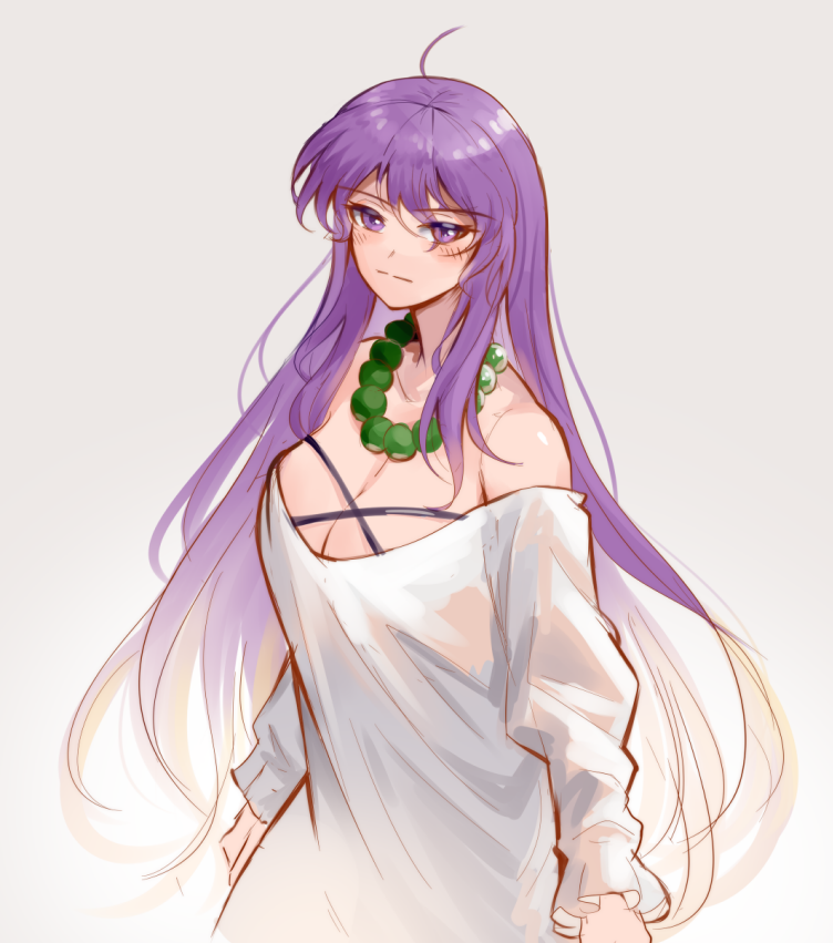 1girl bare_shoulders beads blonde_hair breasts cleavage edz_drawz gradient_hair hijiri_byakuren large_breasts long_hair looking_at_viewer multicolored_hair nightgown prayer_beads purple_hair simple_background solo touhou white_background