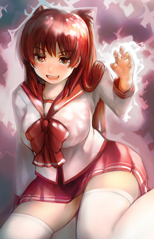 1girl aura breasts brown_eyes claw_pose comic-z eyebrows female_focus kousaka_tamaki large_breasts long_hair open_mouth red_hair school_uniform serafuku skirt smile solo thighhighs to_heart_(series) to_heart_2 two_side_up white_thighhighs zettai_ryouiki