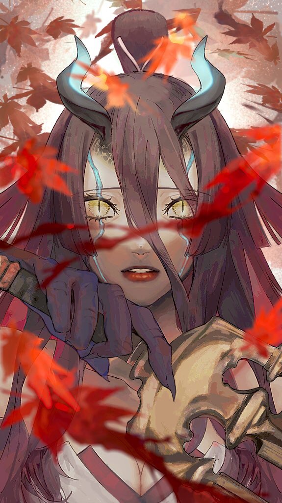 1girl autumn_leaves bakushi_(kaeritai0609) breasts brown_hair claws cleavage demon_girl facial_mark fate/grand_order fate/requiem fate_(series) female_focus fingernails horns kijo_kouyou_(fate) kijo_kouyou_(third_ascension)_(fate) leaf lips long_fingernails sharp_fingernails slit_pupils solo sword weapon yellow_eyes