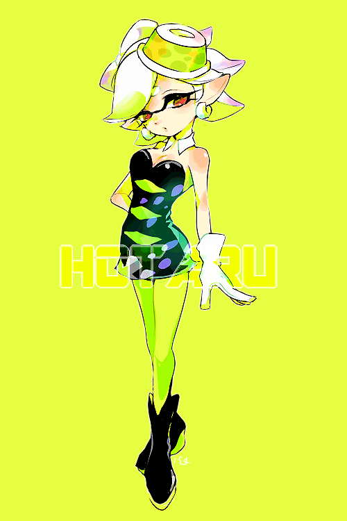 1girl arm_behind_back bare_shoulders black_boots black_dress boots bow-shaped_hair breasts character_name closed_mouth collar commentary cross-shaped_pupils detached_collar dress earrings full_body gloves green_background green_hair green_pantyhose imaikuy0 inkling jewelry marie_(splatoon) mole mole_under_eye multicolored_hair nintendo orange_eyes pantyhose pink_hair pointy_ears short_hair solo splatoon_(series) standing strapless strapless_dress swept_bangs symbol-shaped_pupils tentacle_hair white_collar white_gloves white_hair