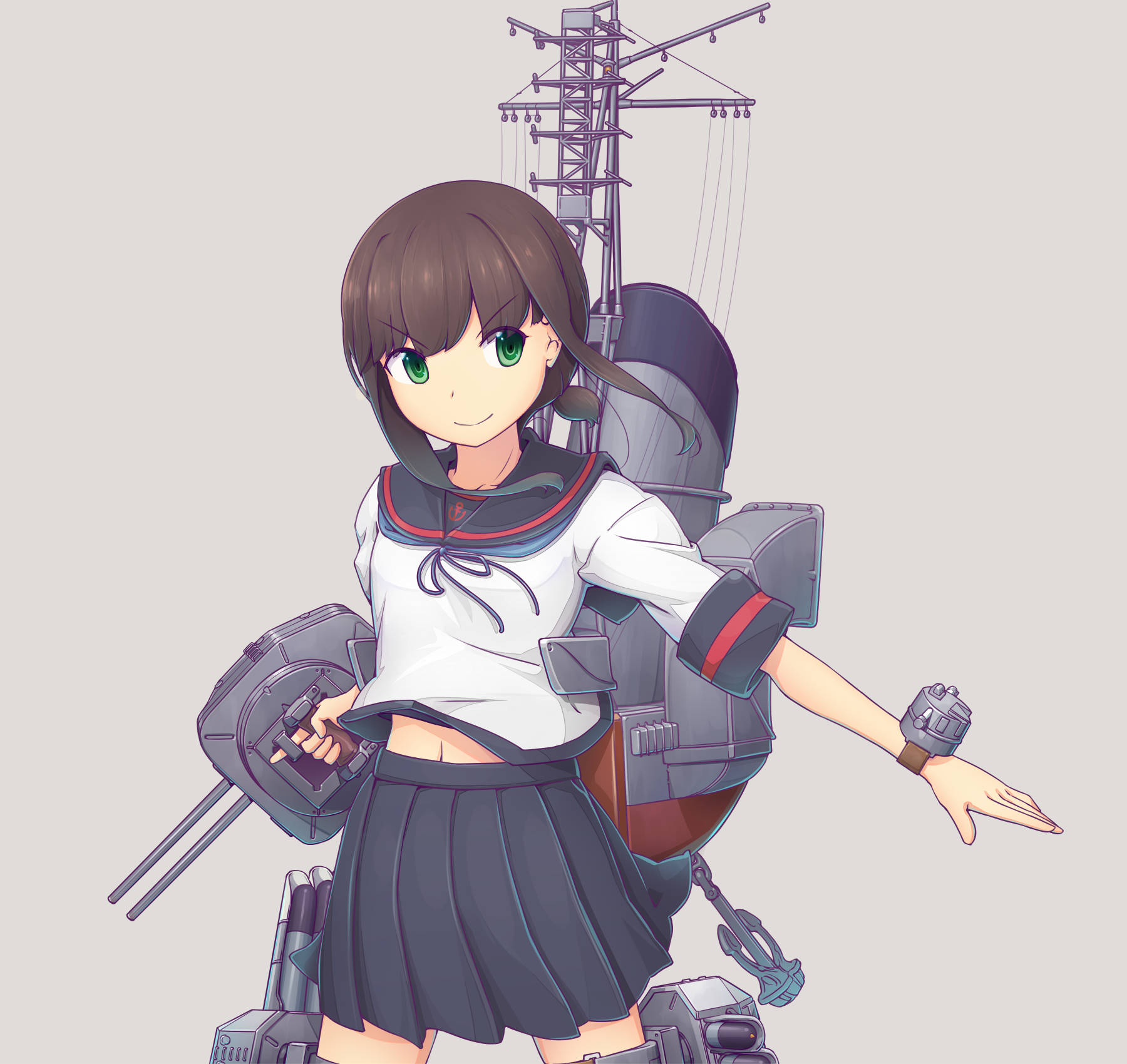1girl anchor anchor_print black_sailor_collar black_skirt blue_neckerchief brown_hair collarbone commentary_request cowboy_shot fubuki_(kancolle) fubuki_kai_ni_(kancolle) green_eyes grey_background highres holding holding_turret kantai_collection legs_apart low_ponytail mast medium_hair midriff_peek nakaaki_masashi navel neckerchief pleated_skirt ponytail rigging sailor_collar short_sleeves sidelocks simple_background skirt smile smokestack solo standing thigh_strap torpedo torpedo_launcher turret wind wind_lift