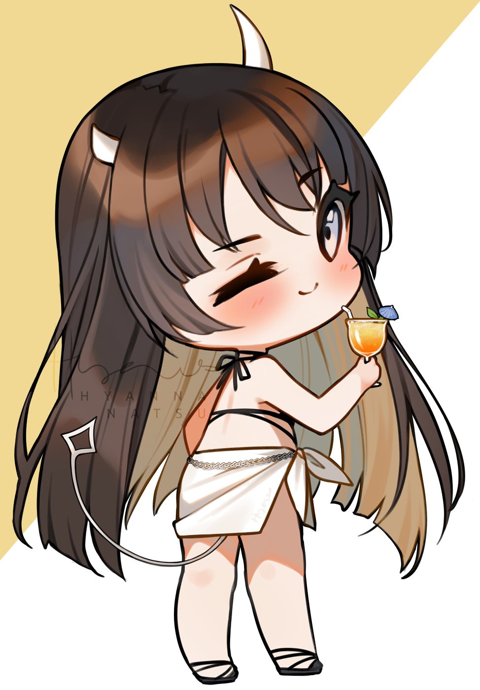 1girl alcohol artist_name bare_arms bare_legs bare_shoulders bikini black_bikini black_ribbon black_sandals blonde_hair blush broken_horn brown_hair chibi closed_mouth cocktail_umbrella colored_inner_hair commentary cup demon_girl demon_horns demon_tail drink drinking_glass drinking_straw english_commentary eyelashes grey_eyes happy highres holding holding_drink horns hyanna-natsu long_hair looking_at_viewer multicolored_hair neck_ribbon one_eye_closed original ribbon sandals sarong smile solo standing straight_hair swept_bangs swimsuit tail two-tone_background very_long_hair watermark white_background white_horns white_sarong white_tail wine wine_glass ych_commission yellow_background