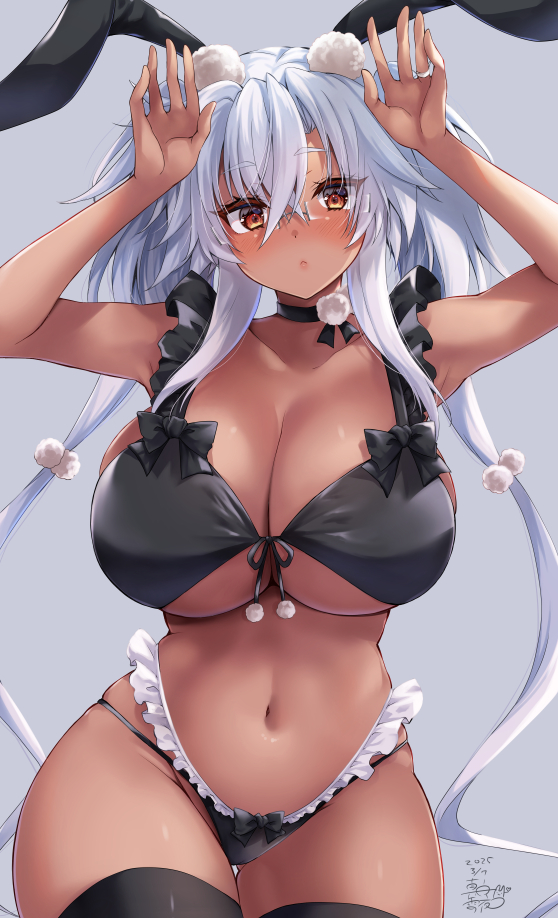 1girl animal_ears arms_up bikini black_bikini black_thighhighs breasts closed_mouth commentary_request crossed_bangs dark-skinned_female dark_skin dated frilled_bikini frills front-tie_bikini_top front-tie_top glasses gluteal_fold grey_background grey_hair hair_between_eyes jewelry kantai_collection long_hair looking_at_viewer low_twintails mashiro_yukiya musashi_(kancolle) musashi_kai_ni_(kancolle) navel pom_pom_(clothes) rabbit_ears rabbit_pose ring signature solo swimsuit thigh_gap thighhighs twintails underboob very_long_hair wedding_ring