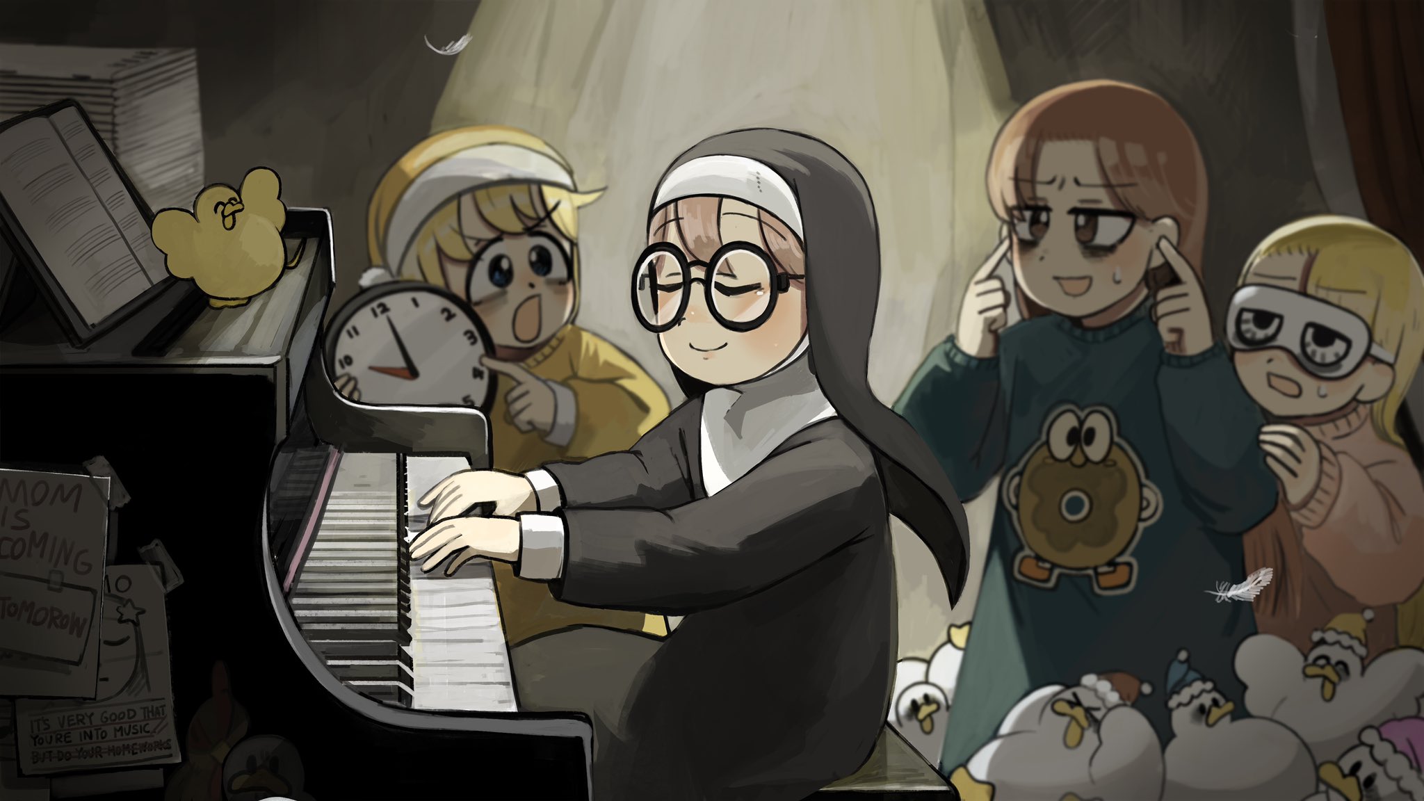 4girls aged_down bags_under_eyes bird blonde_hair blue_eyes brown_eyes brown_hair chicken clock closed_eyes clumsy_nun_(diva) commentary diva_(hyxpk) donut_print duck duckling english_commentary feathers finger_in_ear food_print glasses glasses_nun_(diva) habit highres holding_clock hungry_nun_(diva) instrument little_nuns_(diva) long_hair multiple_girls music nun pajamas piano playing_instrument playing_piano round_eyewear short_hair sleep_mask smile spicy_nun_(diva) traditional_nun yellow_pajamas