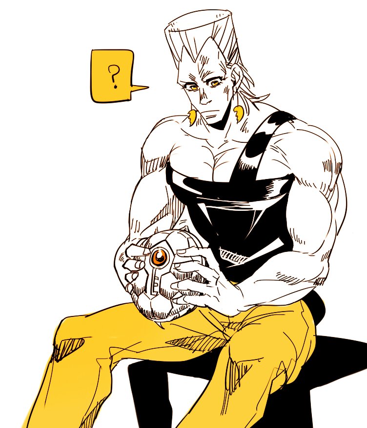 1boy ? animal anzumame bare_shoulders coco_jumbo confused earrings flattop holding holding_animal jean_pierre_polnareff jewelry jojo_no_kimyou_na_bouken male_focus sitting solo spoken_question_mark stardust_crusaders turtle