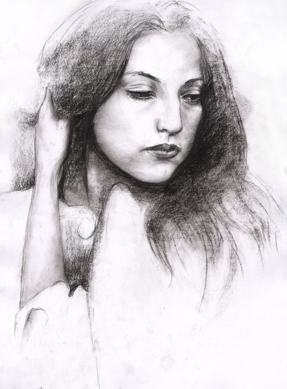 1girl charcoal_(medium) female_focus greyscale highres monochrome realistic sketch solo yuanchosaan