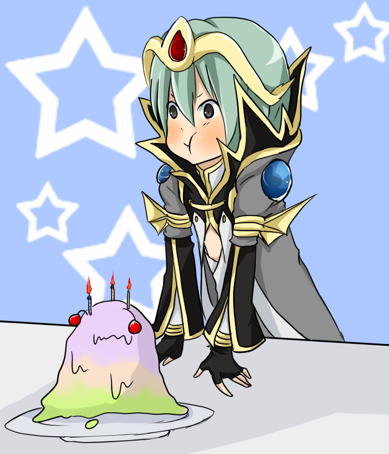 1boy :t black_gloves blue_background blush candle cherry circlet closed_mouth coat commentary_request fingerless_gloves food foodification frown fruit gem gloves gold_trim green_hair grey_coat grey_eyes hair_between_eyes male_focus meiko_(nattu303) open_clothes open_coat pout ragnarok_online red_gemstone shirt short_hair solo star_(symbol) star_symbol_background upper_body vanilmirth_(ragnarok_online) warlock_(ragnarok_online) white_shirt