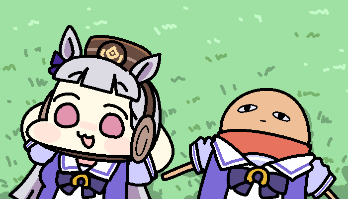 2girls almond_eyes arms_behind_head blunt_bangs blunt_ends blush_stickers bow bowtie brown_hat commentary crossover ear_bow gintama gold_ship_(umamusume) grey_hair hat headgear horse_girl jazz_jack justaway long_hair lying multiple_girls on_back on_grass pillbox_hat puffy_short_sleeves puffy_sleeves purple_bow purple_bowtie purple_eyes purple_shirt sailor_collar sailor_shirt school_uniform shirt short_sleeves summer_uniform tracen_school_uniform umamusume white_sailor_collar wide_face