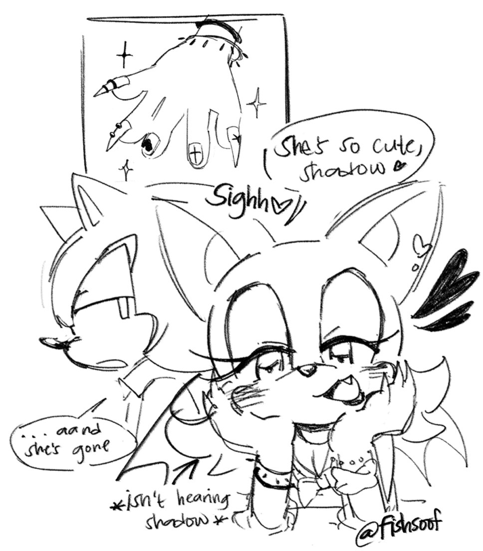 1boy 1girl animal_ears animal_nose bat_ears bracelet commentary english_commentary english_text fang fingernails fishsoof half-closed_eyes head_on_hands heart hedgehog_boy jewelry nail_polish open_mouth rouge_the_bat shadow_the_hedgehog sharp_fingernails sketch smile sonic_(series)