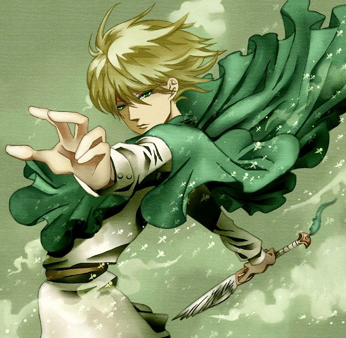 1990s_(style) 1boy belt berserk blonde_hair cape green_eyes male_focus nama_(na-ma) serpico_(berserk) solo wind