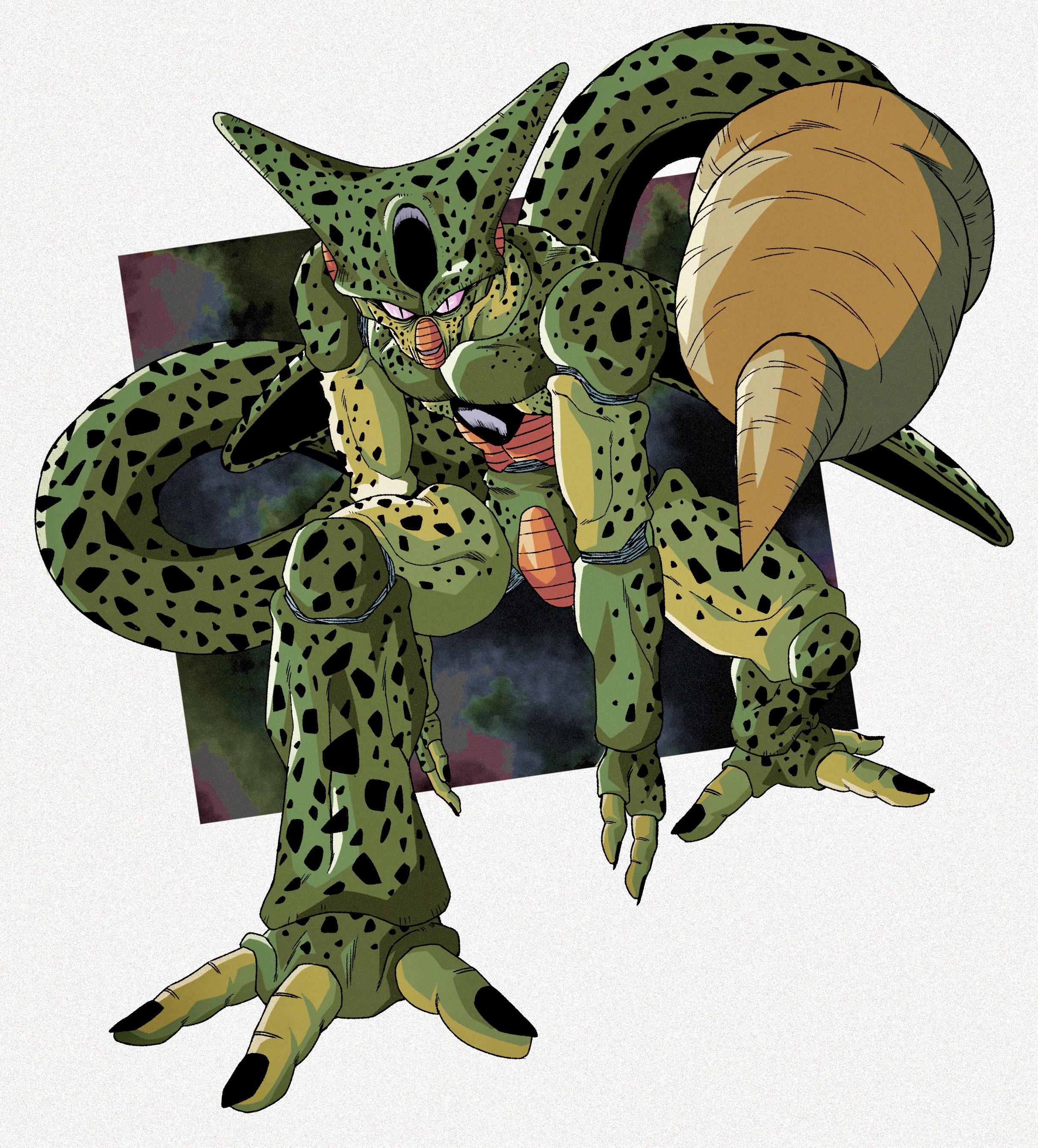 1boy absurdres android black_nails border carapace cell_(dragon_ball) colored_sclera colored_skin dark_background dragon_ball dragonball_z dutch_angle evil_smile fewer_digits foreshortening full_body green_skin highres hunched_over imperfect_cell insect_wings male_focus monster multicolored_skin oharu2000 open_mouth outside_border purple_sclera slit_pupils smile stinger tail tail_raised two-tone_skin white_background white_border wings