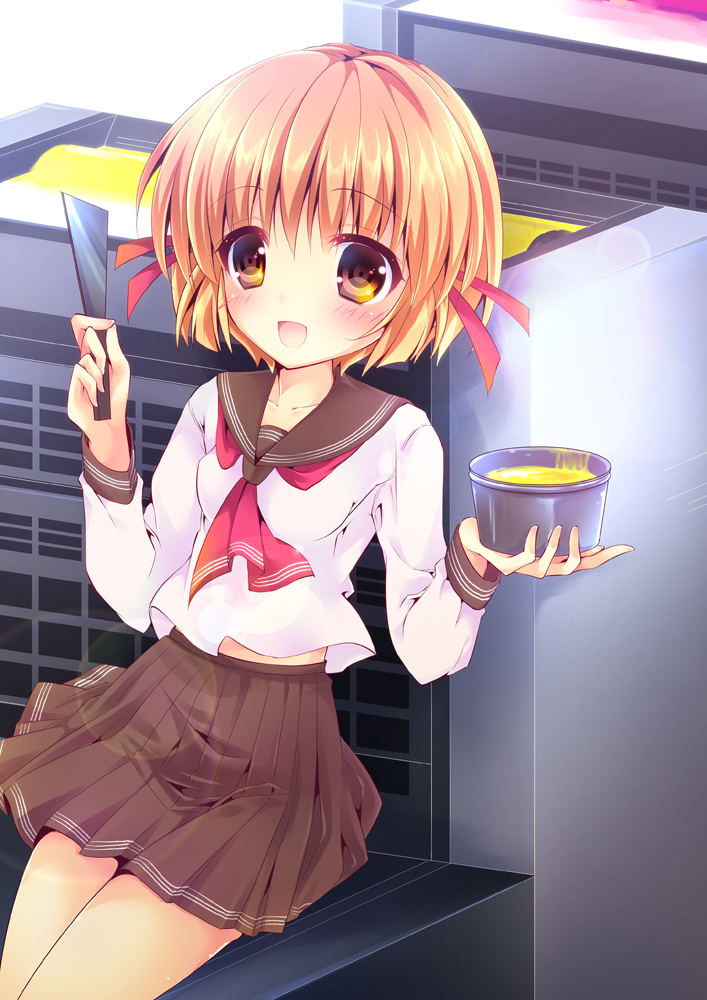 00s 1girl brown_eyes comic_party commentary_request enjoy_mix female_focus hair_ribbon light_brown_hair long_sleeves neckerchief open_mouth pleated_skirt printer ribbon school_uniform serafuku shirt sitting skirt smile solo spatula tsukamoto_chisa