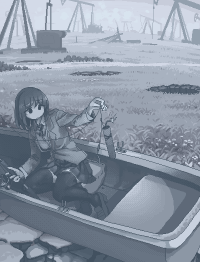 1girl blazer blue_theme boat closed_mouth collared_shirt desert dithering dynamite empty_eyes explosive fish_hook fishing_line fishing_rod grass hamsterfragment hand_up holding holding_fishing_rod hole jacket jaggy_lines lapels lit_fuse loafers long_sleeves looking_to_the_side medium_hair neck_ribbon no_pupils notched_lapels oil_well original outdoors outstretched_arm pleated_skirt pumpjack ribbon rowboat school_uniform shirt shoes sitting skirt solo suicidal_girl_(hamsterfragment) thighhighs watercraft yokozuwari zettai_ryouiki