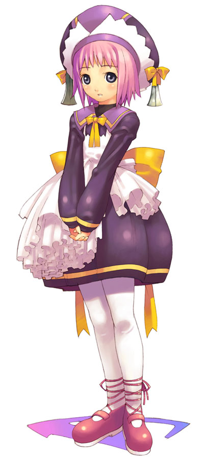 1girl apron blue_eyes dress female_focus frills full_body hat hirano_katsuyuki lia_(spectral_souls) mary_janes official_art pantyhose pink_hair purple_dress purple_skirt shoes short_hair skirt solo spectral_(series) spectral_souls v_arms white_background white_pantyhose