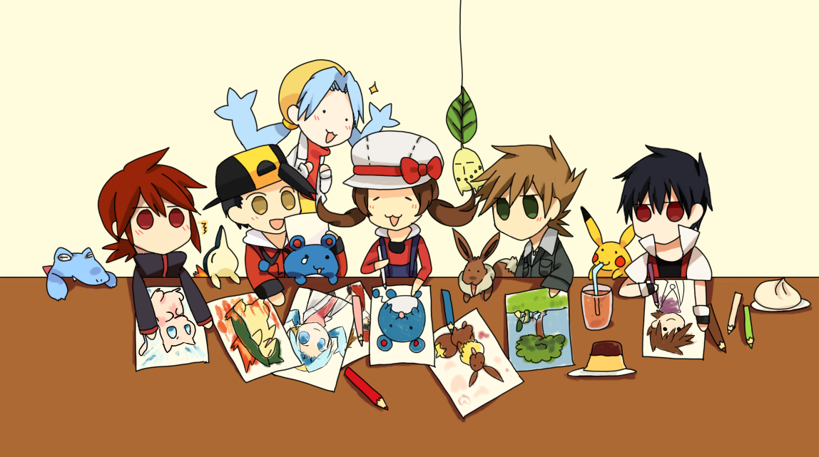 00s 1990s_(style) 2girls 4boys ^^^ bad_id bad_pixiv_id baseball_cap black_hair blue_hair blue_oak blue_oak_(pokemon_hgss) brown_hair chikorita cyndaquil drawing drinking eevee ethan_(pokemon) food gen_1_pokemon gen_2_pokemon hat kris_(pokemon) legendary_pokemon lyra_(pokemon) marill mew_(pokemon) multiple_boys multiple_girls mythical_pokemon nintendo pikachu pokemon pokemon_(creature) pokemon_gsc pokemon_hgss pudding red_(pokemon) retro_artstyle silver_(pokemon) silver_(pokemon)_(remake) tomoyami totodile twintails