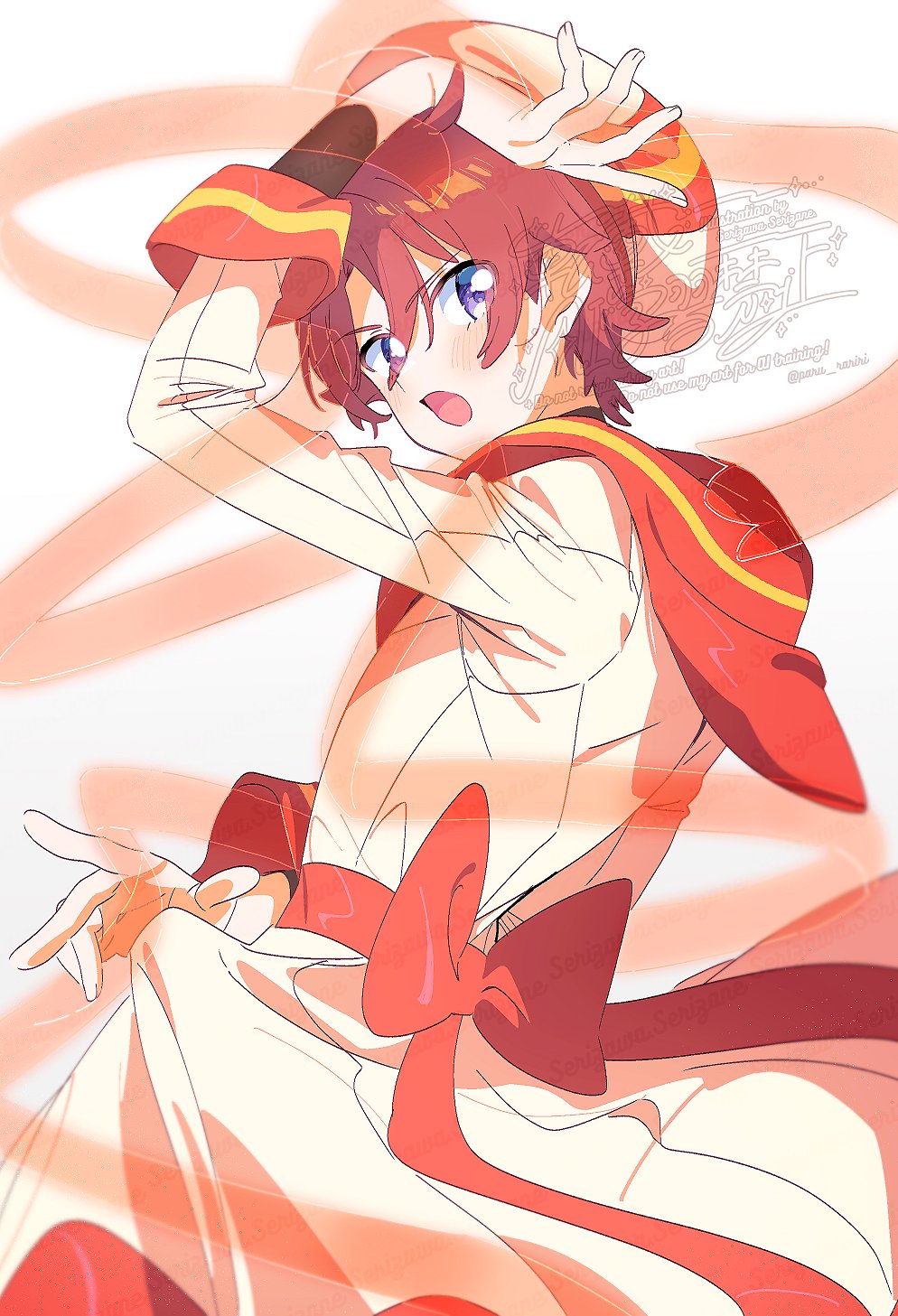 1boy artist_name back_bow beret bow commentary_request cowboy_shot determined hair_between_eyes hand_on_own_head hat highres holding holding_ribbon horizontal-striped_sleeve_cuffs layered_sleeves light_blush long_sleeves looking_at_viewer magical_boy male_focus open_mouth orange_bow orange_ribbon orange_sailor_collar orange_sleeve_cuffs paru_rari precure purple_eyes red_hair ribbon robe robe_hold sailor_collar see-through_ribbon short_hair simple_background solo toyama_satoru watermark white_background white_hat white_robe wonderful_precure!