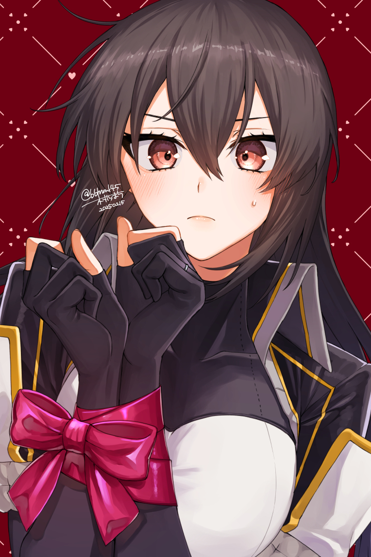 1girl black_gloves black_hair blush bound bound_wrists bow breasts commentary_request dated eyelashes gloves hair_between_eyes jewelry kantai_collection large_breasts long_hair machi_(ritovoyage) nagato_(kancolle) nagato_kai_ni_(kancolle) partially_fingerless_gloves pink_bow red_background red_eyes ring simple_background solo sweat upper_body wedding_ring