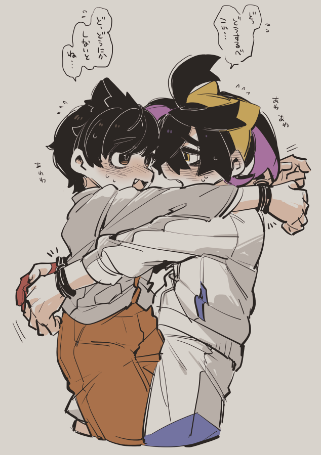 2boys ahoge arm_tied arms_around_another&#039;s_neck arms_around_another&#039;s_waist arms_around_neck arms_around_waist between_legs black_eyes black_hair black_rope blush bound bound_wrists brown_eyes colored_inner_hair commentary_request cowboy_shot crossed_bangs embarrassed face-to-face fang florian_(pokemon) flying_sweatdrops gloves grey_jacket hair_between_eyes hairband jacket kieran_(pokemon) long_sleeves looking_at_another lunchbox_(artist) male_focus multicolored_eyes multicolored_hair multiple_boys nintendo notice_lines one_glove orange_pants orange_shorts pants pokemon pokemon_sv purple_hair red_gloves rope rope_around_wrist shirt short_hair shorts single_glove speech_bubble sweat talking translation_request two-tone_eyes two-tone_hair white_background white_jacket white_shorts yaoi yellow_eyes yellow_hairband