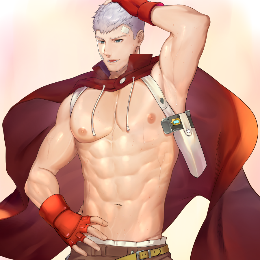 1boy abs bandaid bandaid_on_face brown_pants cape fingerless_gloves gloves grey_hair male_focus muscular muscular_male navel nipples open_mouth pants persona persona_3 red_cape red_gloves sanada_akihiko short_hair solo stomach topless_male zhineart