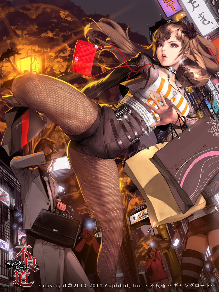 10s 2010 2014 2boys 3girls bag breasts briefcase brown_eyes brown_hair camera_phone cellphone choker city collarbone copyright_name dated fighting_stance formal_clothes furyou_michi_~gang_road~ garter_straps handbag hyulla kicking large_breasts leotard lips long_hair miniskirt multiple_boys multiple_girls necktie pantyhose phone recording shopping_bag skirt spread_legs standing standing_on_one_leg striped_clothes striped_legwear striped_thighhighs suit thighhighs underboob watermark