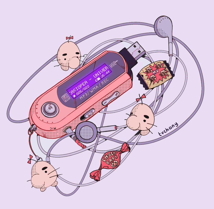 artist_name cable digital_media_player digital_walkman doseisan earbuds earphones english_text halftone mother_(series) mp3_player myon_(tokipi) nintendo no_humans original purple_background shadow simple_background usb walkman_b_series