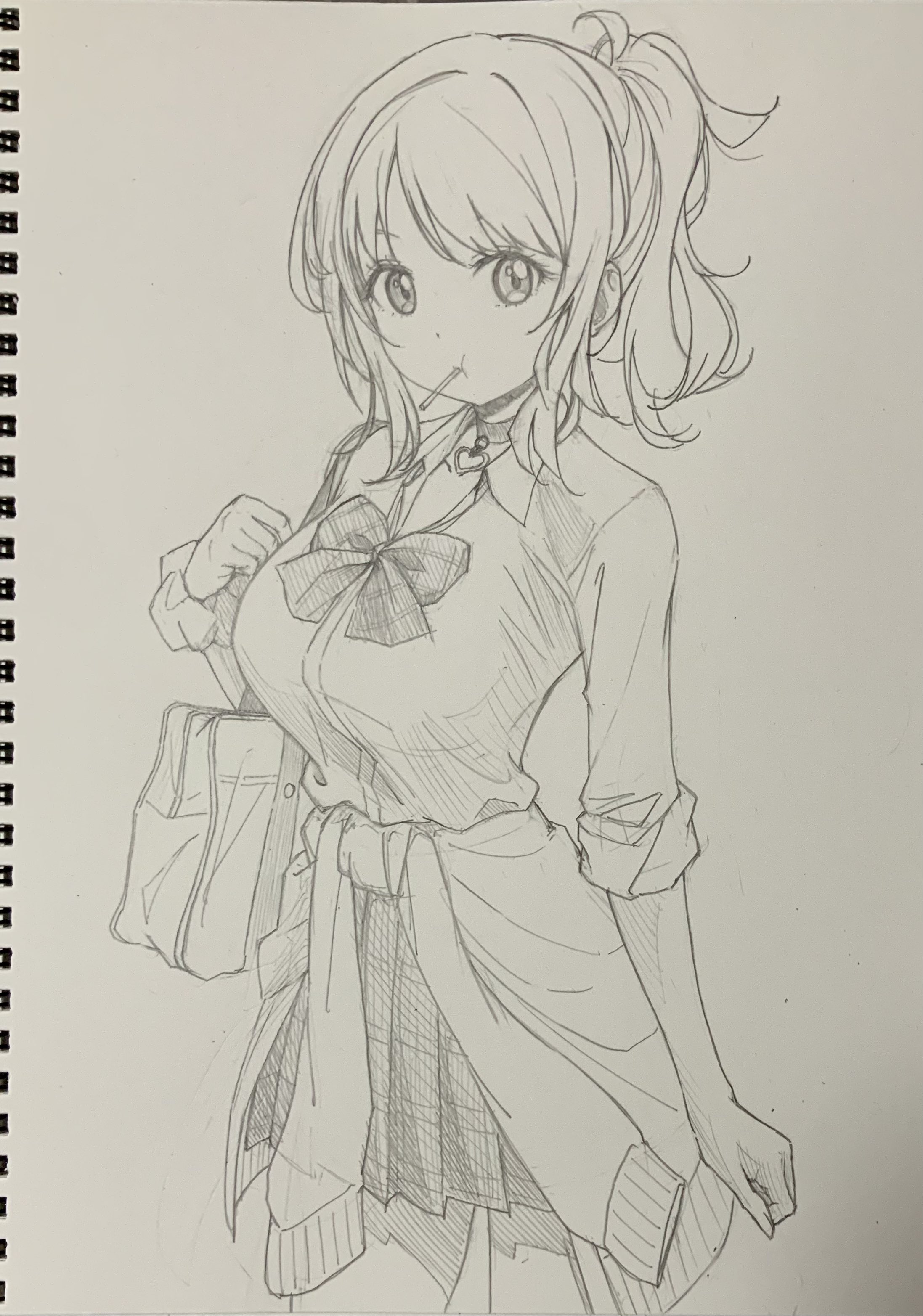 1girl :t absurdres bag bow bowtie breasts cardigan cardigan_around_waist choker clothes_around_waist collarbone commentary cowboy_shot graphite_(medium) greyscale gyaru gyarugasaki heart heart_choker highres honochikacchi kogal large_breasts lollipop_in_mouth long_hair love_live! love_live!_nijigasaki_high_school_idol_club miniskirt miyashita_ai monochrome official_alternate_costume plaid_bow plaid_bowtie plaid_clothes plaid_skirt pleated_skirt ponytail school_bag sidelocks skirt solo tented_shirt traditional_media