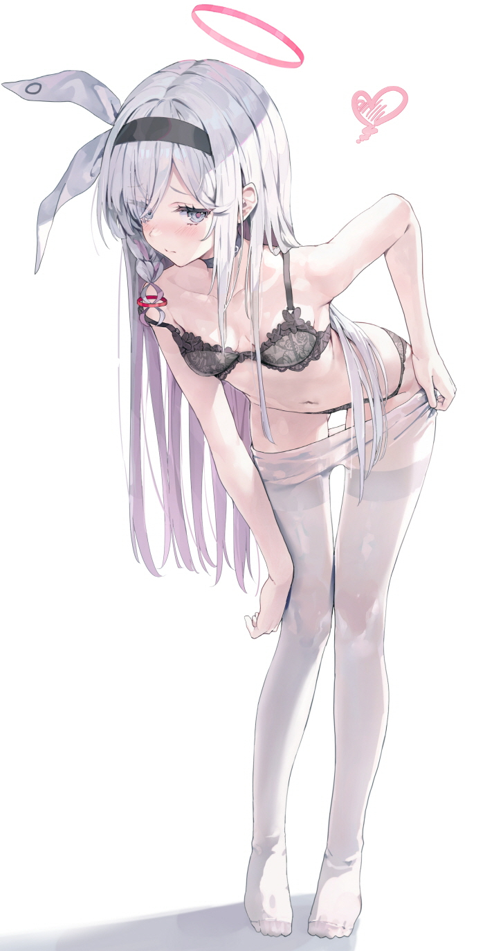 1girl bare_shoulders blue_archive blush bow braid breasts choker cleavage closed_mouth clothes_pull embarrassed facing_to_the_side full_body grey_eyes hair_bow hair_intakes hairband halo heart highres holding holding_unworn_clothes huwari_(dnwls3010) leaning_forward lingerie long_hair looking_at_viewer navel pantyhose parted_bangs plana_(blue_archive) removing_legwear sidelocks simple_background small_breasts solo standing thigh_strap underwear white_background white_hair