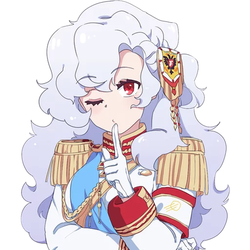 1girl aiguillette alpha_(alpha_1918) arm_under_breasts armband blue_sash breasts buttons collar cross cross_pendant epaulettes findoworld finger_to_mouth fluffy fluffy_hair gloves gold_buttons gold_trim hair_ornament index_finger_raised lips long_hair looking_at_viewer medium_breasts military military_uniform one_eye_closed original pursed_lips red_eyes red_sleeve_cuffs russian_empire sash shushing sleeve_cuffs solo sputnik_and_pogrom sticker transparent transparent_background very_long_hair white_gloves white_hair