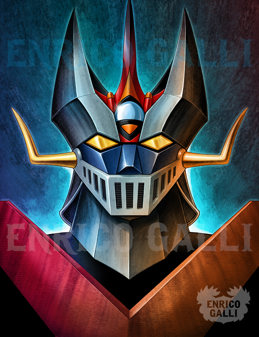 artist_name commentary english_commentary enricogalli great_mazinger great_mazinger_(robot) highres mazinger_(series) mecha mecha_focus no_humans orange_eyes photoshop_(medium) portrait robot science_fiction solo straight-on watermark