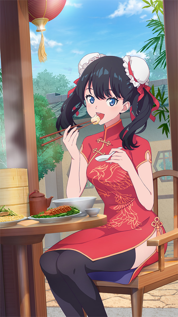 1girl archived_source black_hair black_thighhighs blue_eyes blush bowl bun_cover chair china_dress chinese_clothes chinese_spoon chopsticks day double_bun dress dumpling eating feet_out_of_frame food game_cg gridman_universe hair_bun hair_ribbon highres holding holding_chopsticks lantern leaf long_hair looking_at_viewer mandarin_collar official_alternate_costume official_alternate_hairstyle official_art on_chair open_mouth outdoors plate red_dress red_ribbon ribbon side_slit sitting solo ssss.gridman table takarada_rikka teapot thighhighs third-party_source tree twintails wooden_chair wooden_table