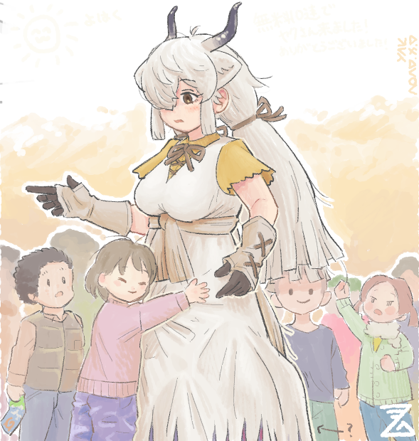 animal_ears black_horns blush bow bowtie breasts brown_bow brown_bowtie brown_eyes brown_ribbon child dress extra_ears gloves grey_horns hair_over_one_eye horns hug imnim_leef kemono_friends kemono_friends_3 large_breasts long_hair multicolored_horns ox_ears ox_girl ox_horns ox_tail ribbon shirt short_sleeves smile twintails very_long_hair white_hair yak_(kemono_friends) yellow_shirt