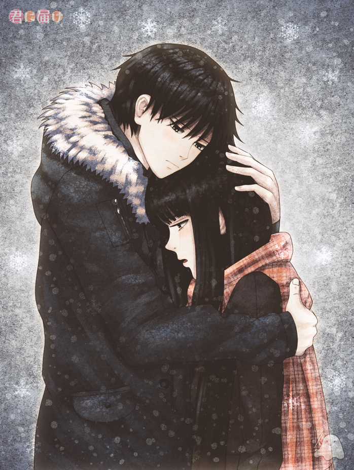 1boy 1girl arm_at_side black_coat black_eyes black_hair blunt_bangs blush brown_eyes bush closed_mouth coat copyright_name critter100 from_side fur_trim hand_on_another&#039;s_back hand_on_another&#039;s_head hetero hood hooded_coat hug kazehaya_shouta kimi_ni_todoke kuronuma_sawako long_hair long_sleeves looking_at_another parted_lips plaid_clothes plaid_scarf red_scarf scarf short_hair snow snowflakes snowing vanilla very_long_hair watermark