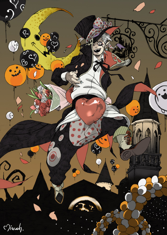 1boy arch balloon boots bouquet bow coat coattails crescent crescent_moon dark_sky earrings fangs flower ghost halloween harem_pants hat heart jack-o&#039;-lantern jewelry jumping lace-up_boots lights looking_at_viewer makeup makkamu moon neck_ribbon one_eye_closed open_mouth original pale_skin pants petals red_eyes ribbon sign signature spire tailcoat top_hat white_hair wink