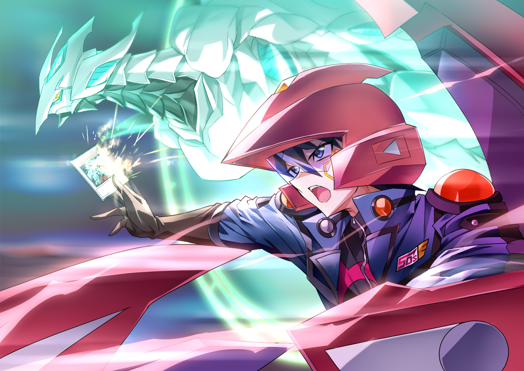 1boy assault_visor black_hair black_shirt blue_jacket blurry blurry_background card d-wheel dragon facial_mark fudo_yusei glowing helmet holding holding_card jacket male_focus motion_blur open_clothes open_jacket red_helmet riding shirt shooting_star_dragon trading_card tsuezu upper_body yu-gi-oh! yu-gi-oh!_5d&#039;s