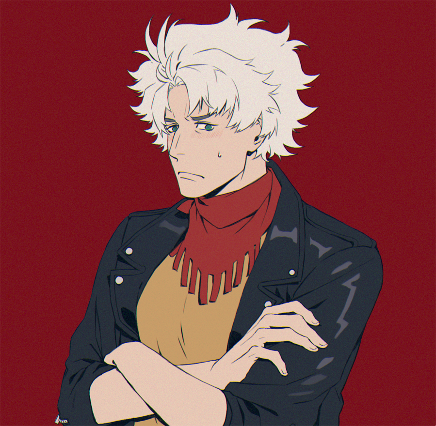 1boy bandana black_jacket blush classicaloid closed_mouth crossed_arms green_eyes jacket leather leather_jacket looking_at_viewer ludwig_van_beethoven_(classicaloid) male_focus messy_hair red_background red_bandana sf_jd shirt simple_background solo sweatdrop upper_body white_hair yellow_shirt