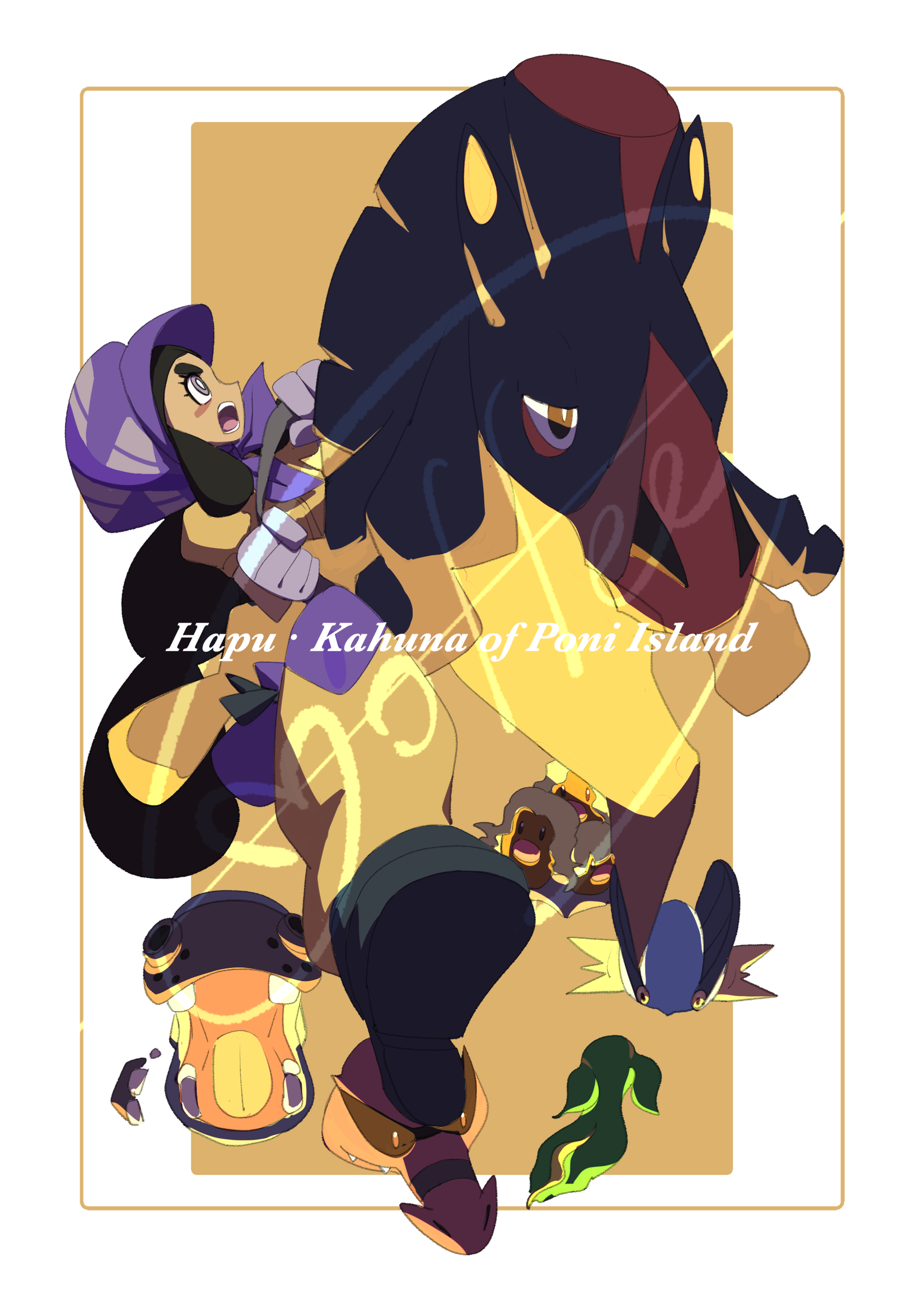 1girl absurdres alolan_dugtrio alolan_form black_hair bonnet border bright_pupils cccacademia character_name eyelashes gastrodon gen_3_pokemon gen_4_pokemon gen_7_pokemon gloves grey_eyes hapu_(pokemon) highres hippowdon jumpsuit long_hair looking_to_the_side mixed-language_commentary mudsdale nintendo open_mouth pokemon pokemon_(creature) pokemon_sm riding riding_pokemon signature swampert teeth tongue white_border white_pupils yellow_background