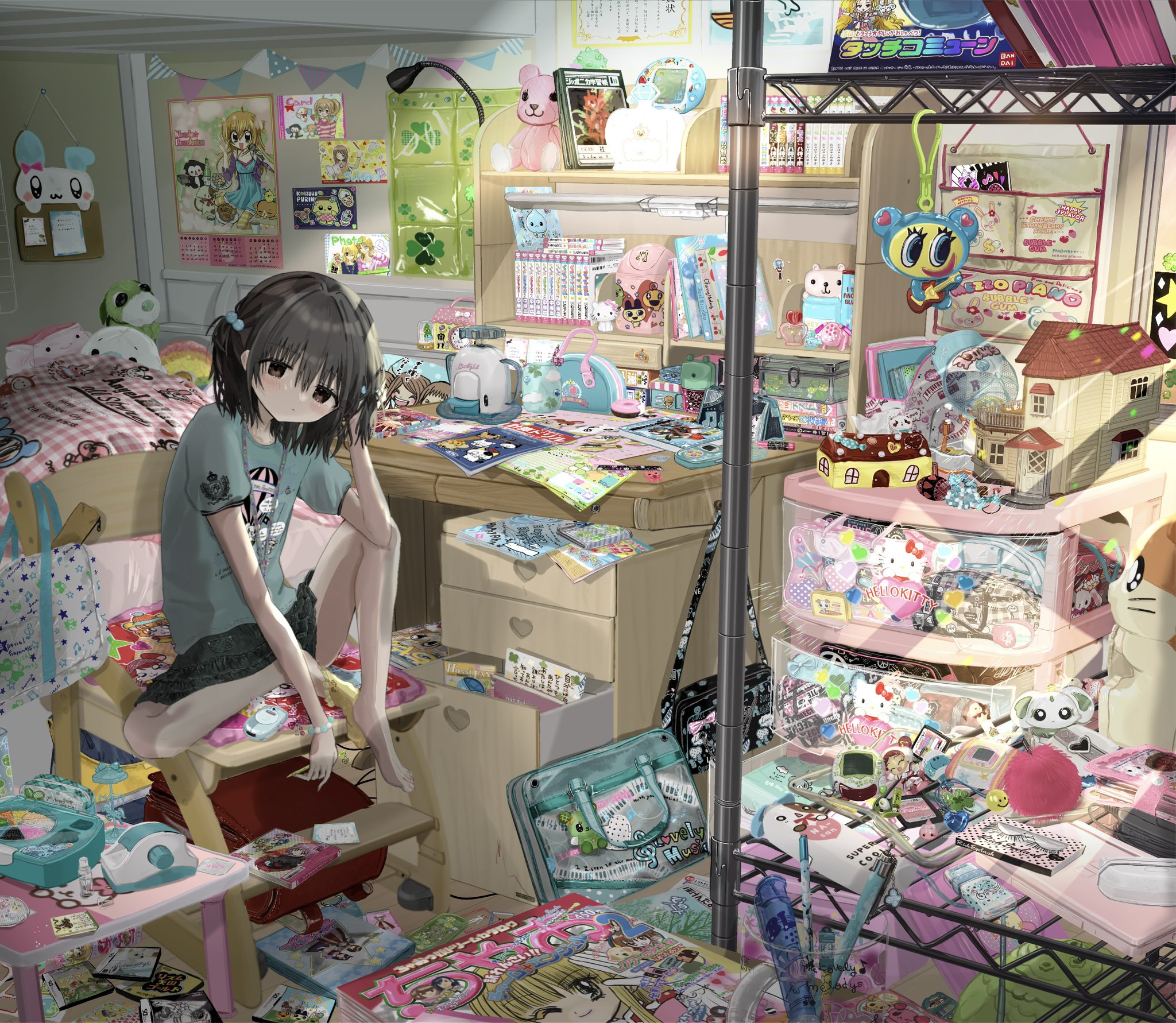 1girl absurdly_detailed_composition afro_ken angel_blue animal_crossing backpack bag bandai barefoot bead_bracelet beads bed bedroom berry_(oshare_majo_love_and_berry) black_hair blue_shirt book bracelet cameo cellphone cellphone_charm character_charm character_request charm_(object) charmmy_kitty child commentary_request copyright_request denim denim_skirt desk dia_(shugo_chara!) doll_house fake_eyelashes flip_phone game_cartridge gen_4_pokemon girls_mode hair_bobbles hair_ornament hamtaro hamtaro_(series) hat heisei heisei_retro hello_kitty hello_kitty_(character) highres hinamori_amu idog idog_(brand) indoors jewelry kirarin_revolution koisuru_purin! kuchipatchi legendary_pokemon loaded_interior love_(oshare_majo_love_and_berry) magazine_(object) mamegoma_(san-x) mametchi manga_(object) memetchi merchandise messy_room mezzo_piano miki_(shugo_chara!) momo_(postpet) na-san nakamura-kun_(angel_blue) nintendo nintendogs non-humanoid_robot ochaken original oshare_majo_love_and_berry otaku_room palkia phone pokemon pokemon_dppt poster_(object) postpet precure q-lia ran_(shugo_chara!) rhythm_tengoku ribbon_(hamtaro) robot robot_animal robot_dog ryoku_(ochaken) san-x sanrio sega shinanashina shirogoma shirousa_(sugarbunnies) shirt short_hair shugo_chara! sitting skirt solo stationery stuffed_toy sugarbunnies suu_(shugo_chara!) sylvanian_families tamagotchi tamagotchi_(virtual_pet) tamagotchi_no_puchi_puchi_omisetchi tamagotchi_plus toy tsukishima_kirari unworn_bracelet unworn_hat unworn_headwear usahana virtual_pet_(toy) wagamama_fashion_girls_mode wan_wan_wanco
