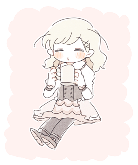 1girl arne_no_jikenbo black_corset black_pantyhose blonde_hair blush_stickers boots border brown_boots buttons closed_eyes collared_shirt commentary commentary_request corset cup deformed english_commentary frilled_corset frilled_skirt frilled_sleeves frills full_body hair_ornament hairclip holding holding_cup invisible_chair juliet_sleeves lace lace-trimmed_shirt lace_trim long_hair long_sleeves lynn_reinweiss miniskirt mixed-language_commentary mug orange_background outline pantyhose parted_lips pink_skirt puffy_sleeves shirt shuntaro_(tya_nya0000) sitting skirt solo white_border white_outline white_shirt x_hair_ornament